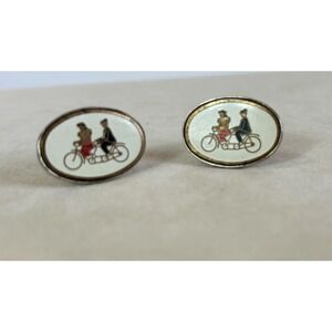 Mens 20s-30s Art Deco Enamel Oval Cufflinks Period Dress Tandem Bike Gold Tone